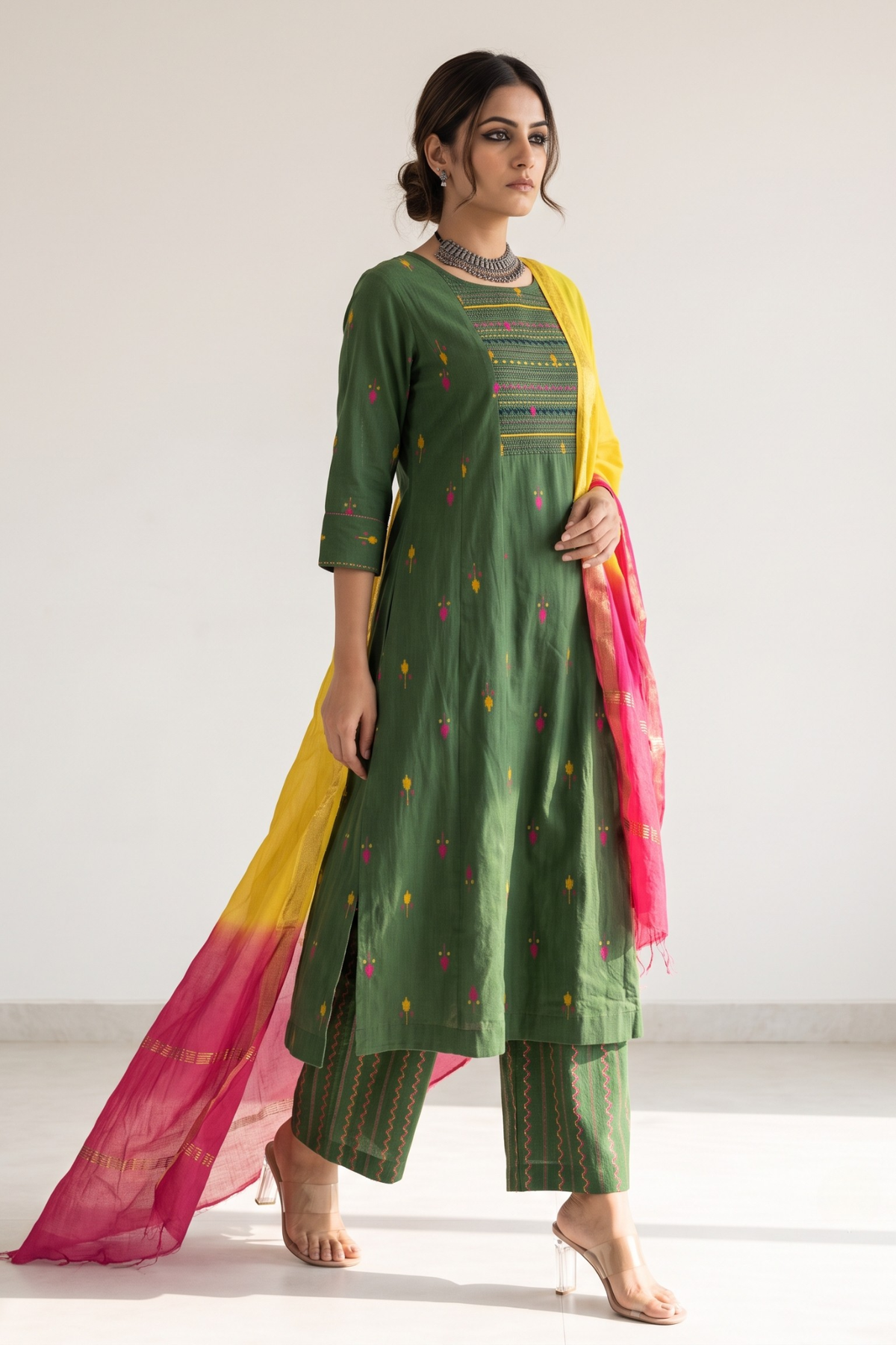 Green Blush Floral Leaf Butti Cotton Pintuck Yoke Kurta With Pockets Mc