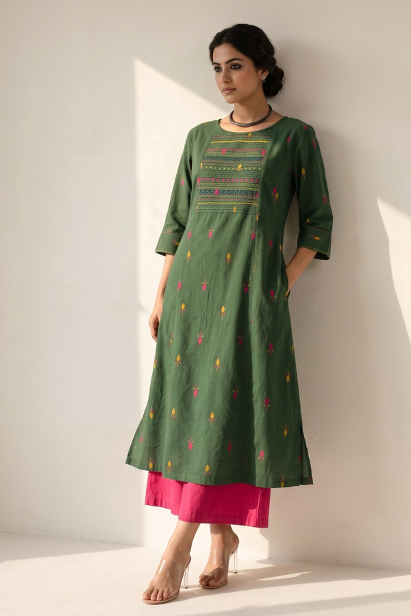 Green Blush Floral Leaf Butti Cotton Pintuck Yoke Kurta With Pockets Mc