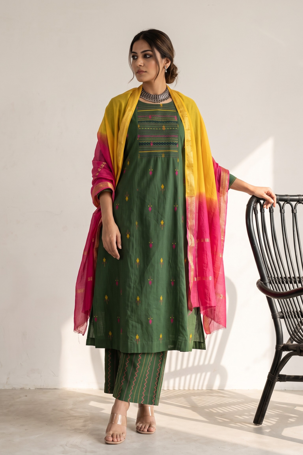 Green Blush Floral Leaf Butti Cotton Pintuck Yoke Kurta With Pockets Mc