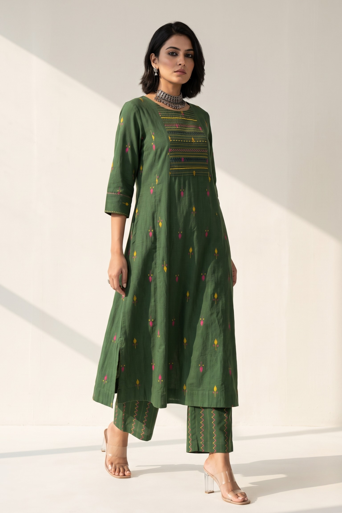 Green Blush Floral Leaf Butti Cotton Pintuck Yoke Kurta With Pockets Mc