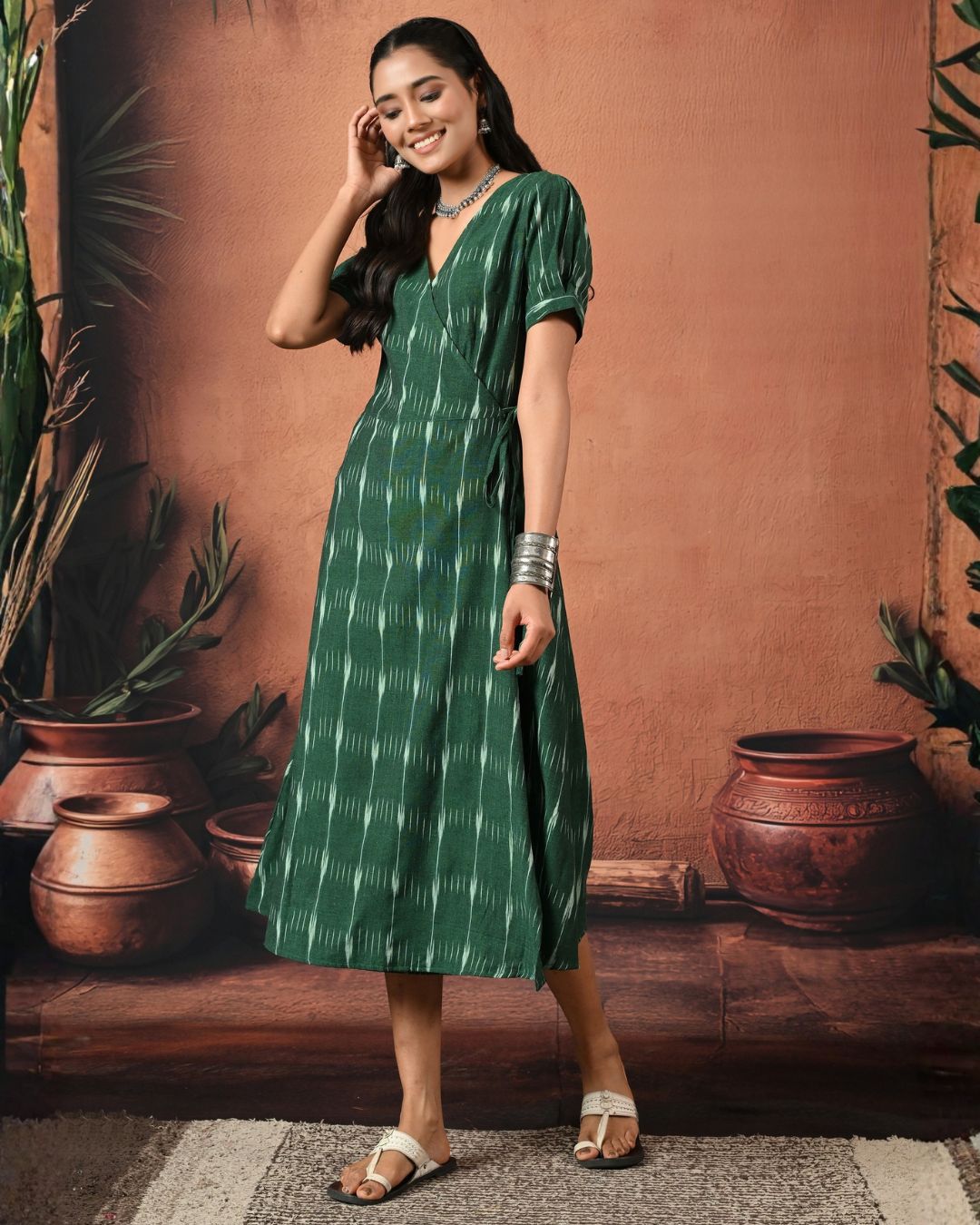 Bottle Green Ikat Wrap Dress Bo
