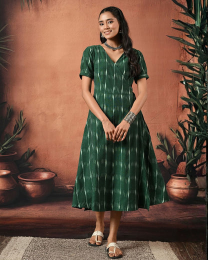 Bottle Green Ikat Wrap Dress Bo