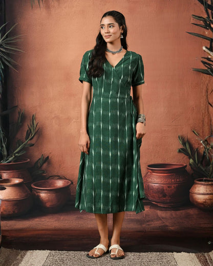 Bottle Green Ikat Wrap Dress Bo