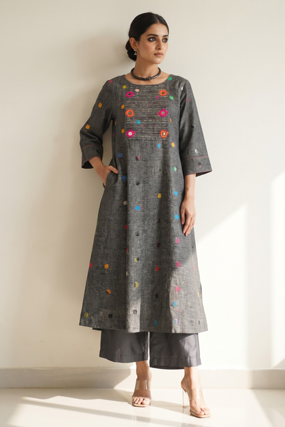 Grey Misty Multi Polka Cotton Pintuck Yoke Kurta With Pockets Mc