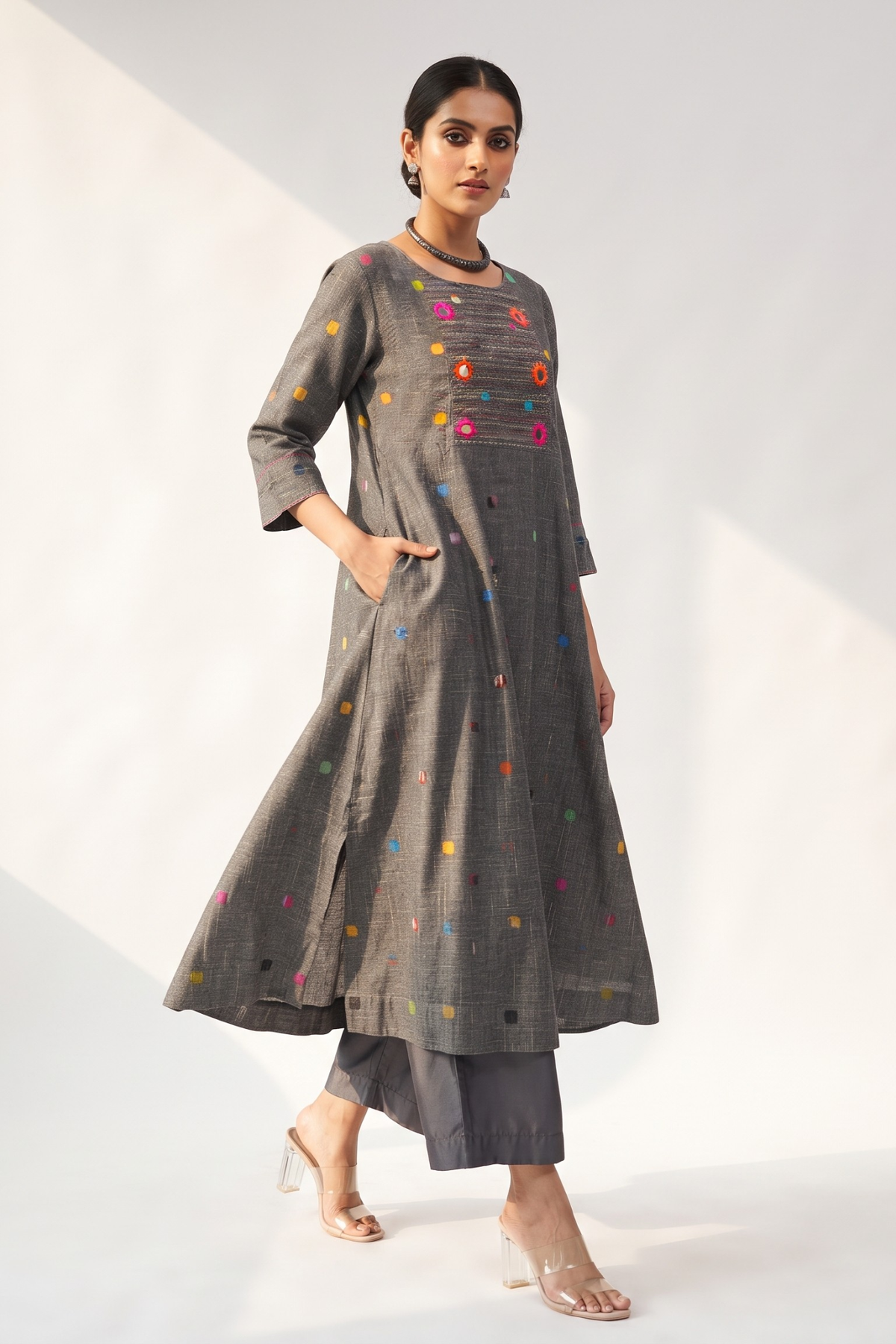 Grey Misty Multi Polka Cotton Pintuck Yoke Kurta With Pockets Mc