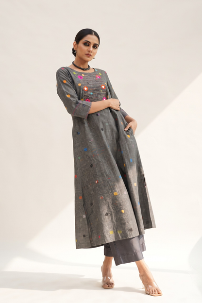 Grey Misty Multi Polka Cotton Pintuck Yoke Kurta With Pockets Mc