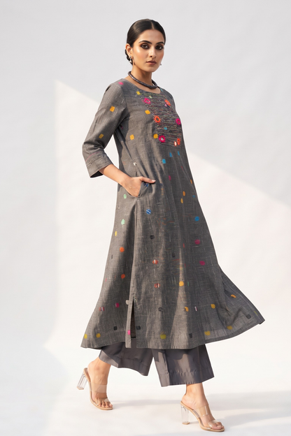 Grey Misty Multi Polka Cotton Pintuck Yoke Kurta With Pockets Mc