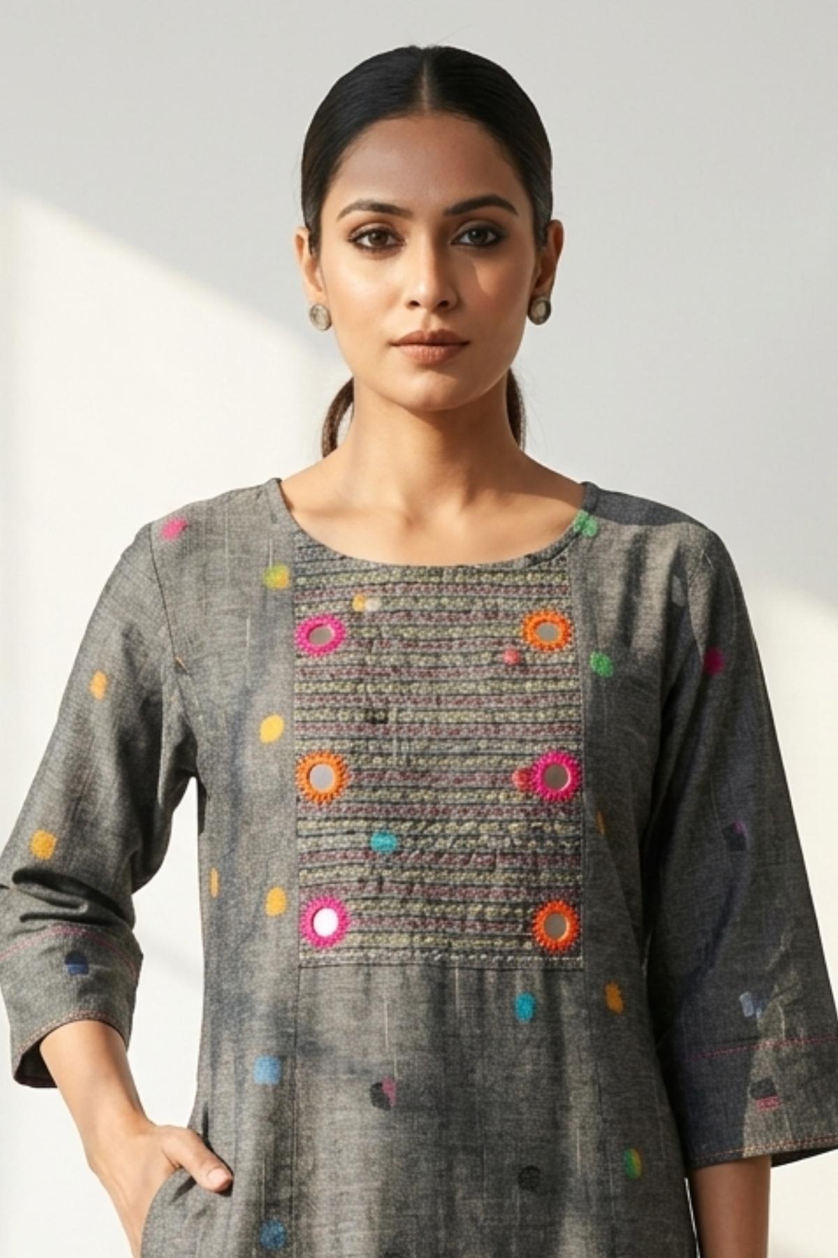 Grey Misty Multi Polka Cotton Pintuck Yoke Kurta With Pockets Mc