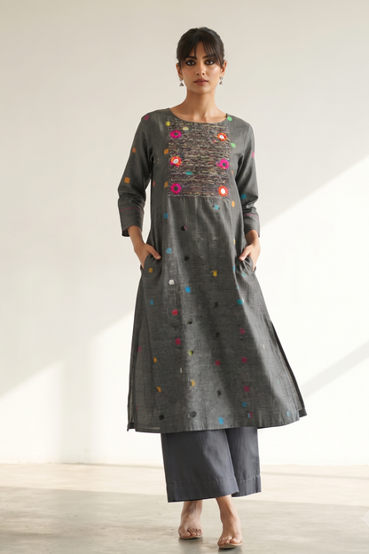 Grey Misty Multi Polka Cotton Pintuck Yoke Kurta With Pockets Mc