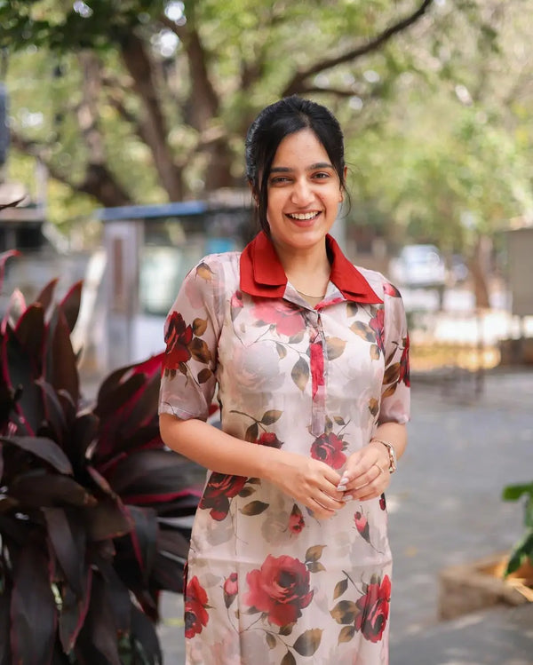 White floral with red double layer collar top 