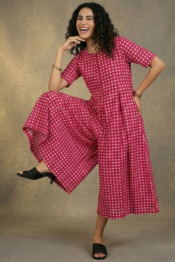 Hot_Pink_Grid_Front_Zipper_Cotton_Jumpsuit_with_Pockets__Sleeves