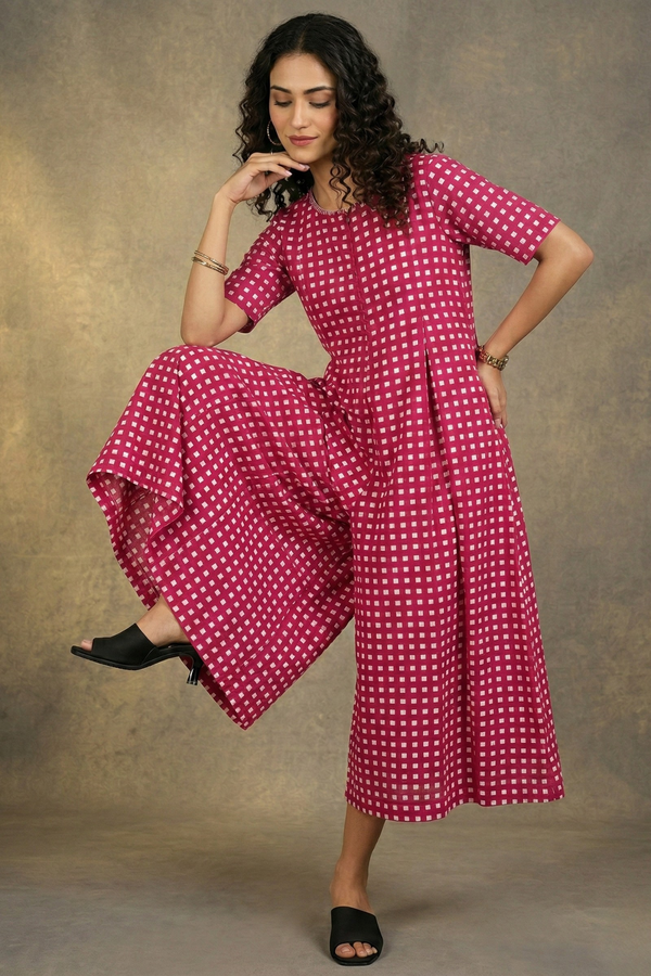 Hot_Pink_Grid_Front_Zipper_Cotton_Jumpsuit_with_Pockets__Sleeves