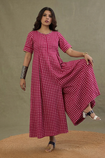Hot_Pink_Grid_Front_Zipper_Cotton_Jumpsuit_with_Pockets__Sleeves