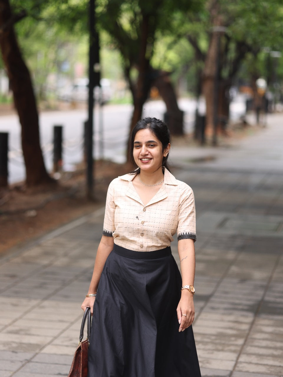 Studio Chic Beige Checked Top With Black Skirt