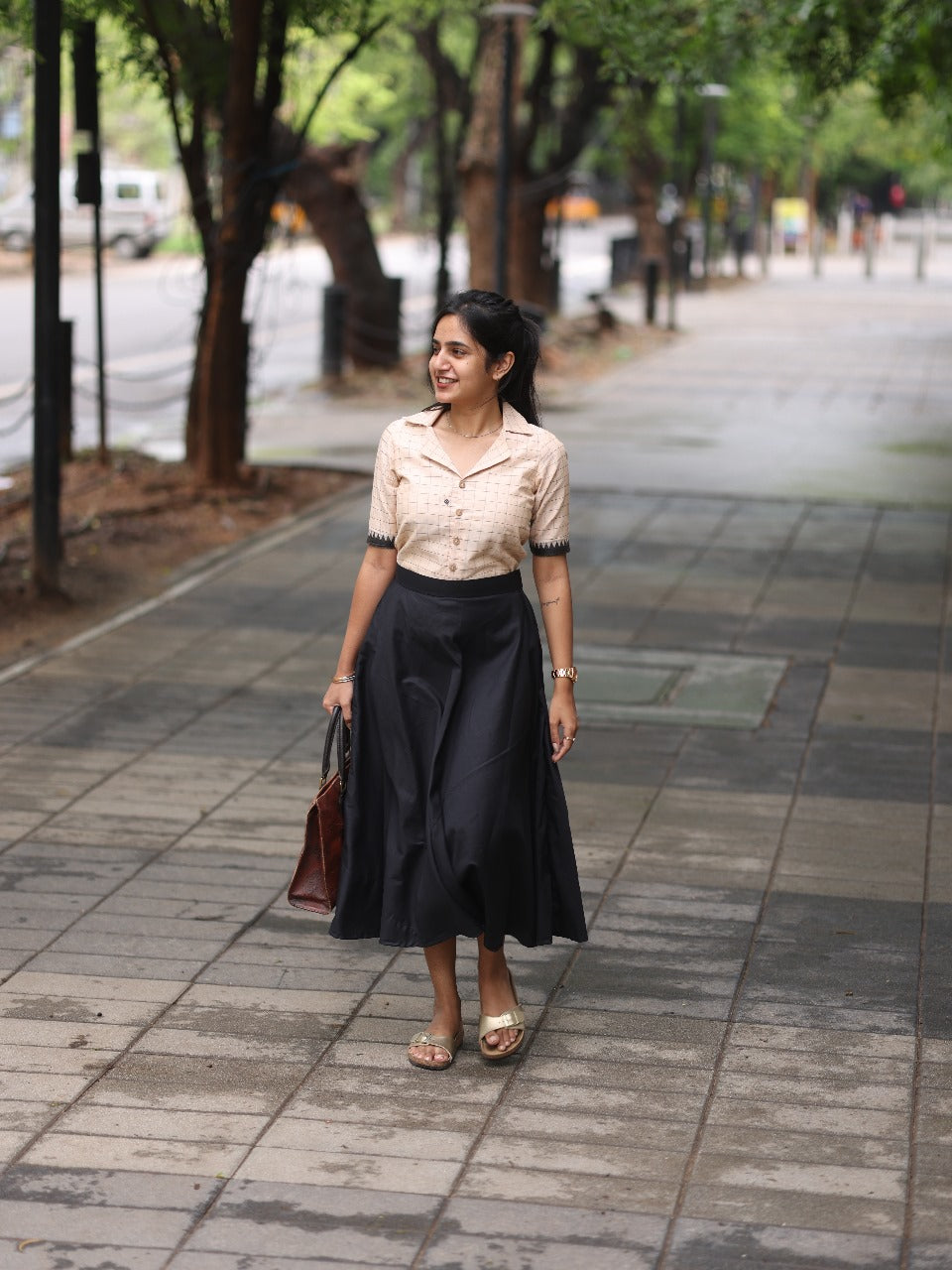 Studio Chic Beige Checked Top With Black Skirt