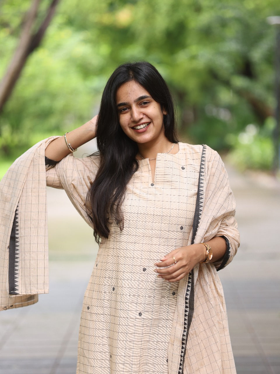 Studio Chic Beige Checked Top with Duppata