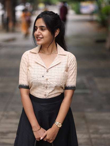 Studio Chic Beige Checked Top With Black Skirt
