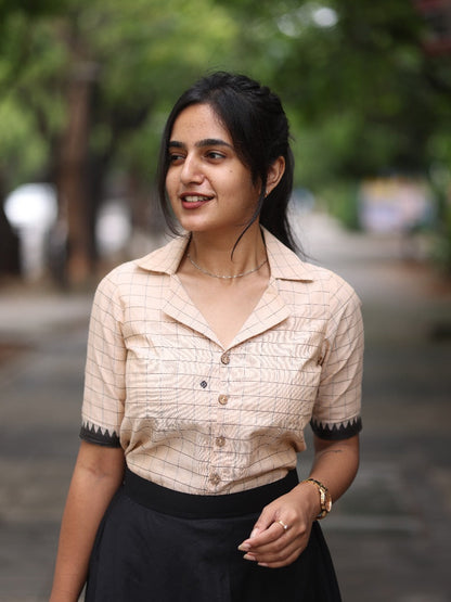 Studio Chic Beige Checked Top With Black Skirt