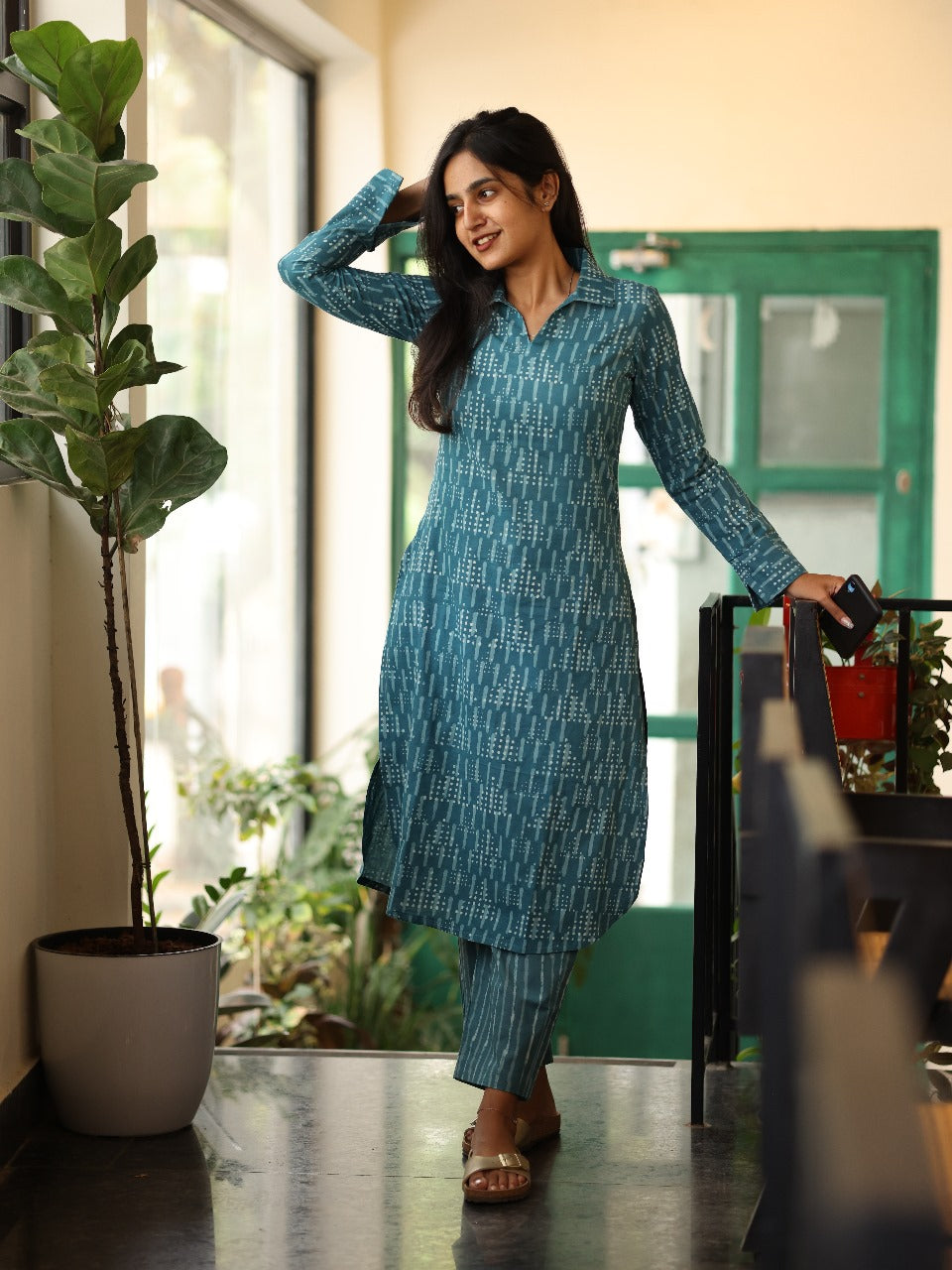 Studio Blue Cotton Batik Print Top And Bottom Set