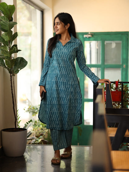 Studio Blue Cotton Batik Print Top And Bottom Set