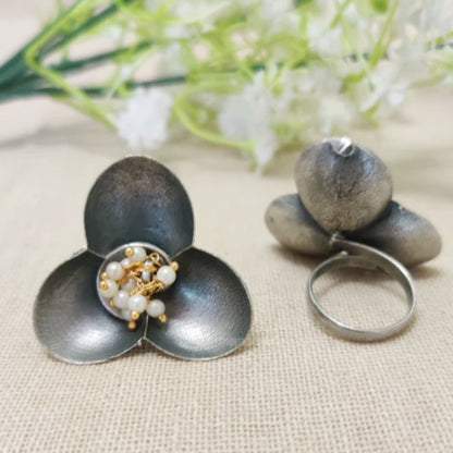 Triya  Silver Look Alike Kundan Studded Ring