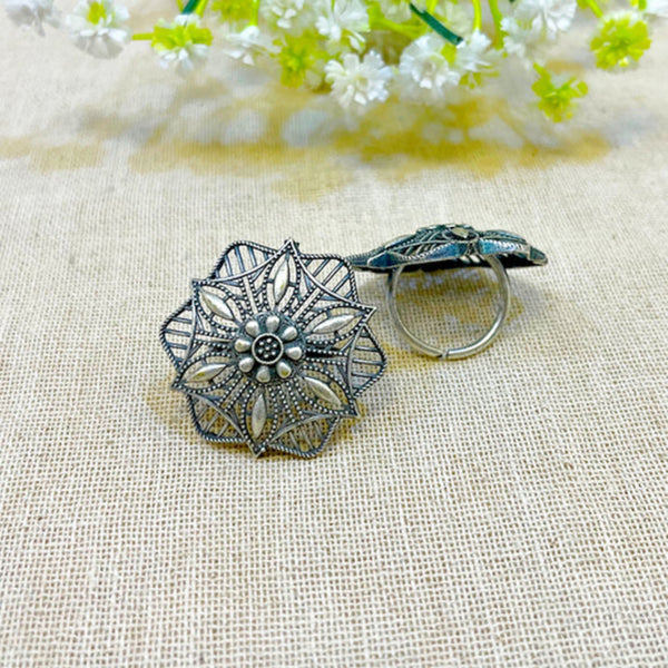 “Achal” Vintage Dark Tone Oxidised Floral Ring