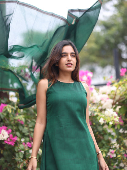 Green Malar Narayanpet Set (Top & Dupatta)- Sleeve Length Can be Changed