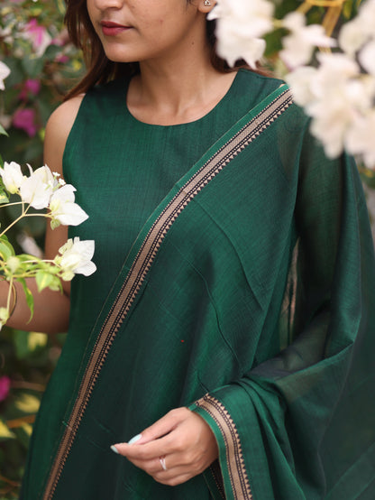 Green Malar Narayanpet Set (Top & Dupatta)- Sleeve Length Can be Changed