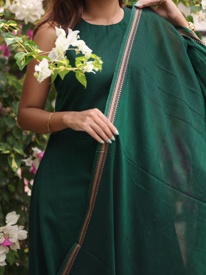 Green Malar Narayanpet Set (Top & Dupatta)- Sleeve Length Can be Changed