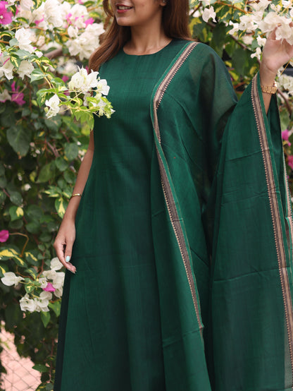 Green Malar Narayanpet Set (Top & Dupatta)- Sleeve Length Can be Changed