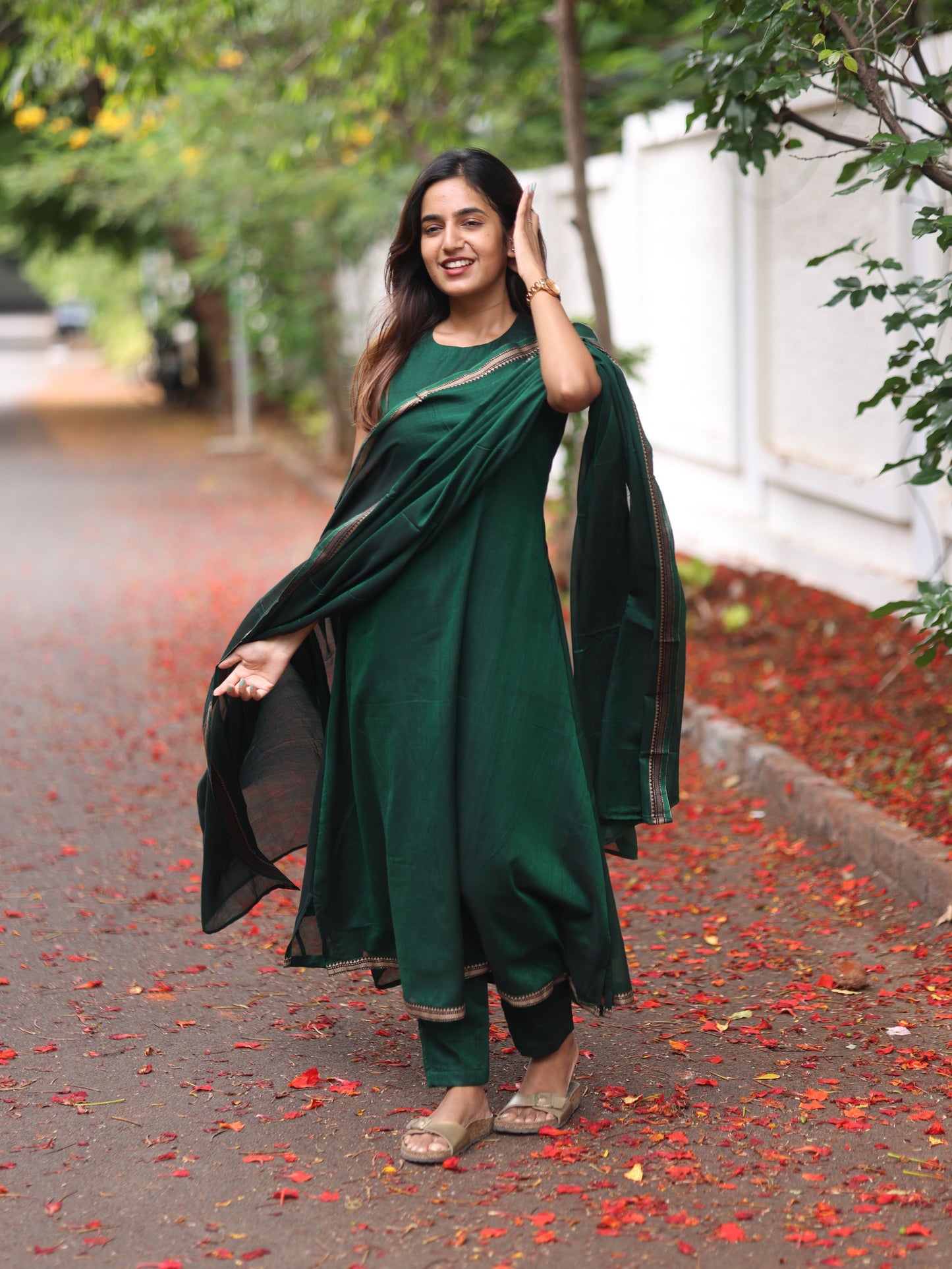 Green Malar Narayanpet Set (Top & Dupatta)- Sleeve Length Can be Changed