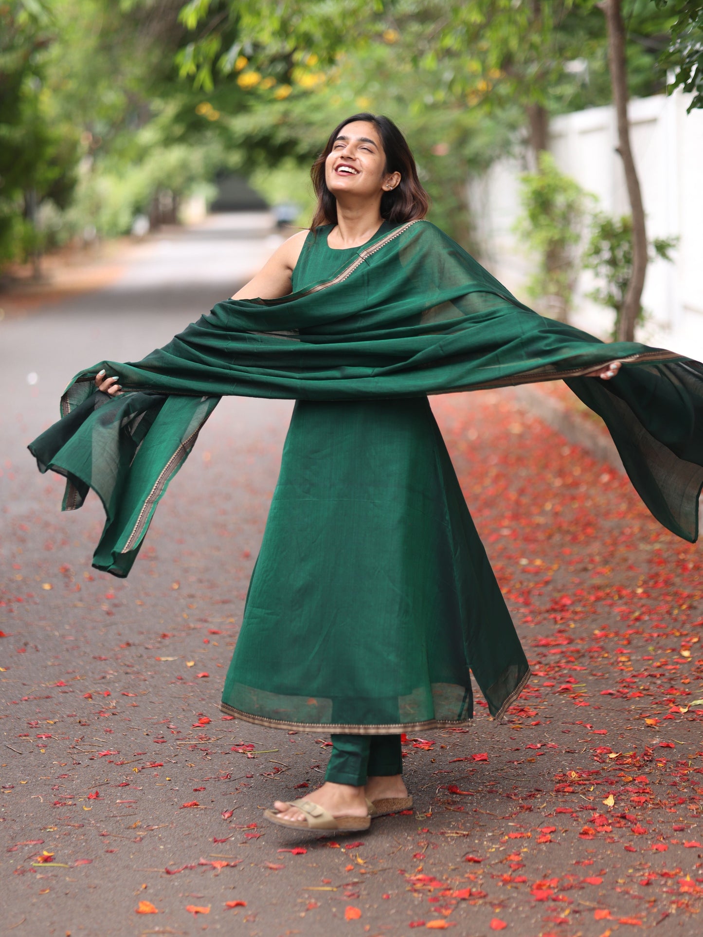 Green Malar Narayanpet Set (Top & Dupatta)- Sleeve Length Can be Changed