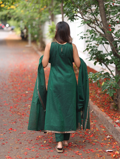 Green Malar Narayanpet Set (Top & Dupatta)- Sleeve Length Can be Changed