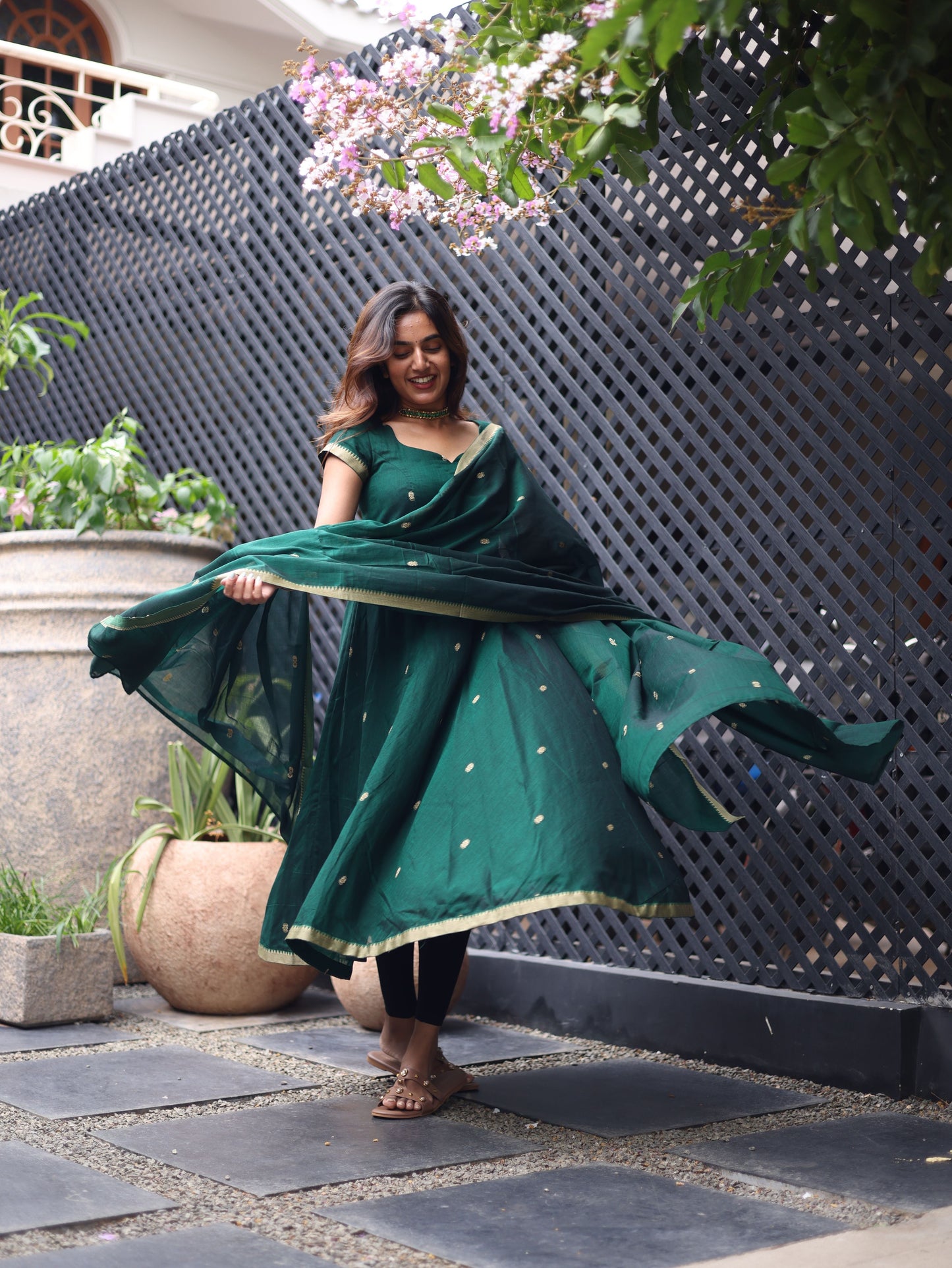 Green Malar Narayanpet Anarkali Top & Dupatta