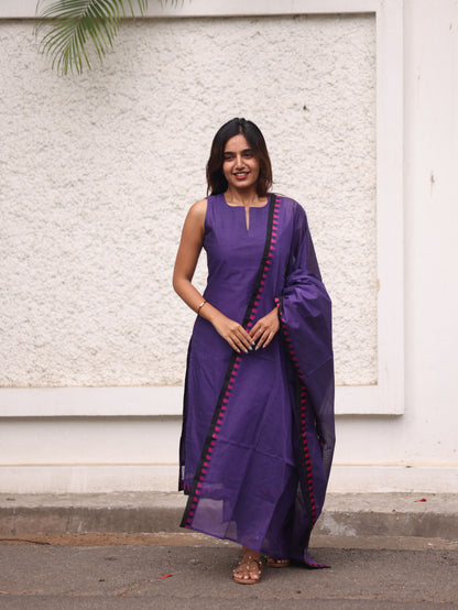 Violet Kanchi Cotton Top And Dupatta- Sleeve Length Can be Changed