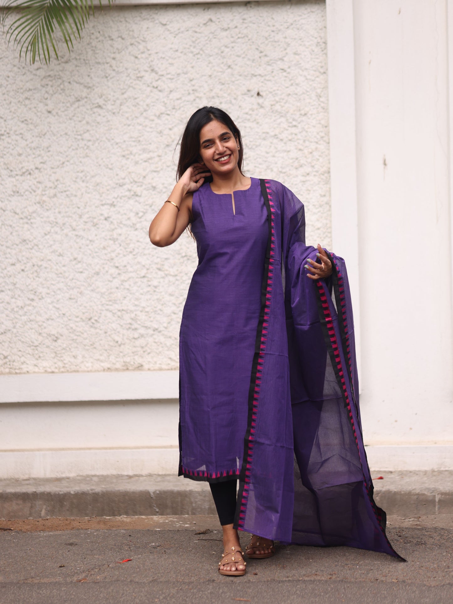 Violet Kanchi Cotton Top And Dupatta- Sleeve Length Can be Changed