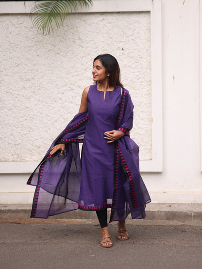 Violet Kanchi Cotton Top And Dupatta- Sleeve Length Can be Changed