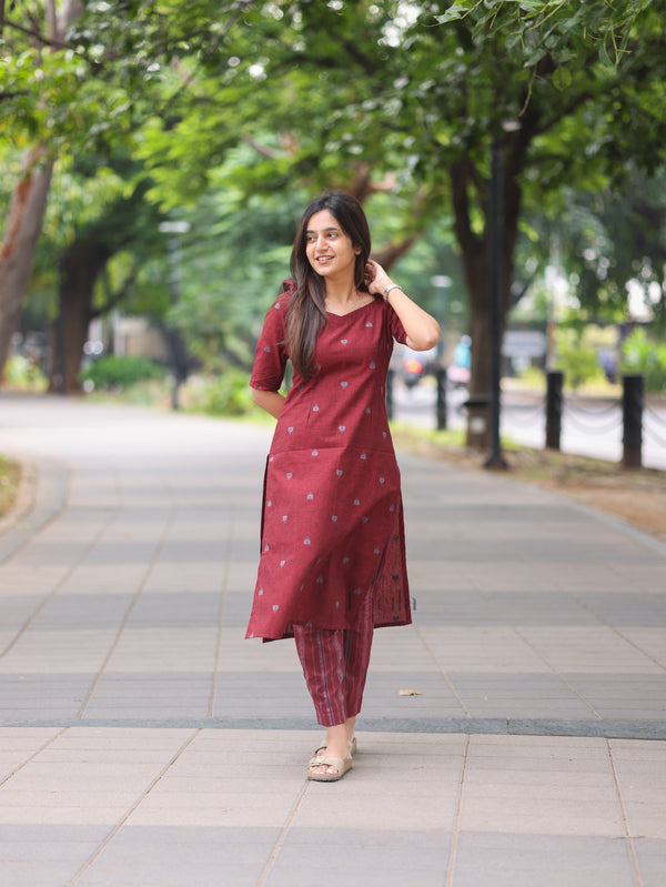Studio Maroon cotton Top & Bottom Set