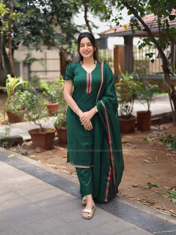 Studio Dark Green Malar Narayanpet Salwar Set With Puff Sleeve