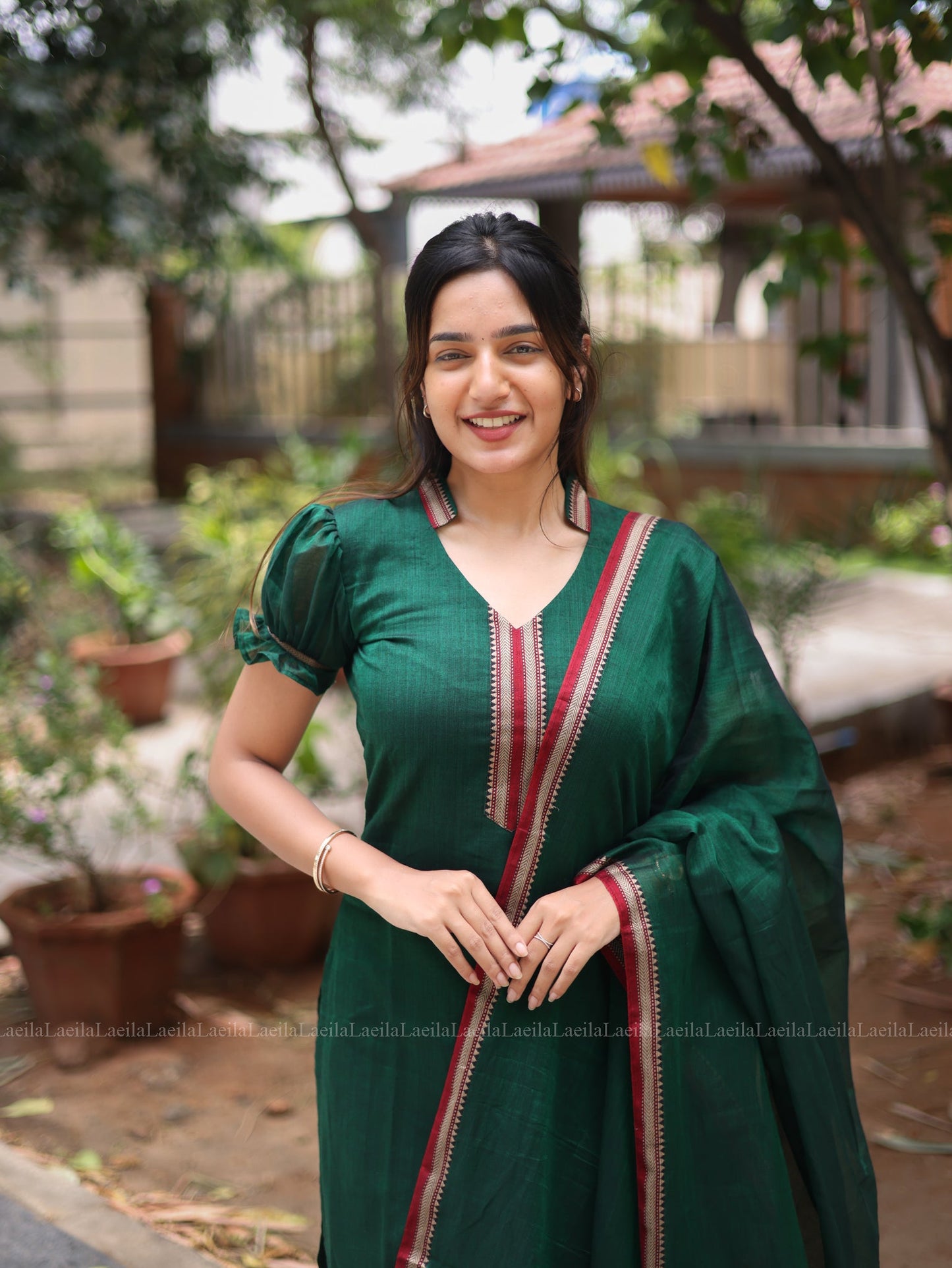 Studio Dark Green Malar Narayanpet Salwar Set With Puff Sleeve