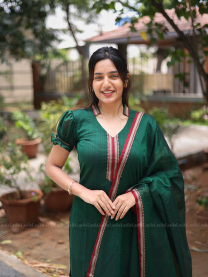 Studio Dark Green Malar Narayanpet Salwar Set With Puff Sleeve