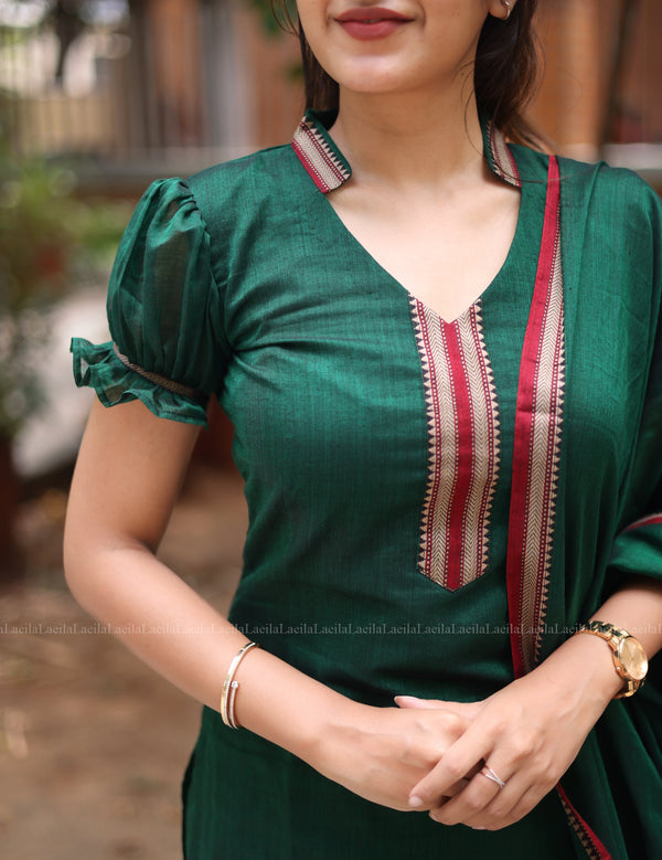 Studio Dark Green Malar Narayanpet Salwar Set With Puff Sleeve