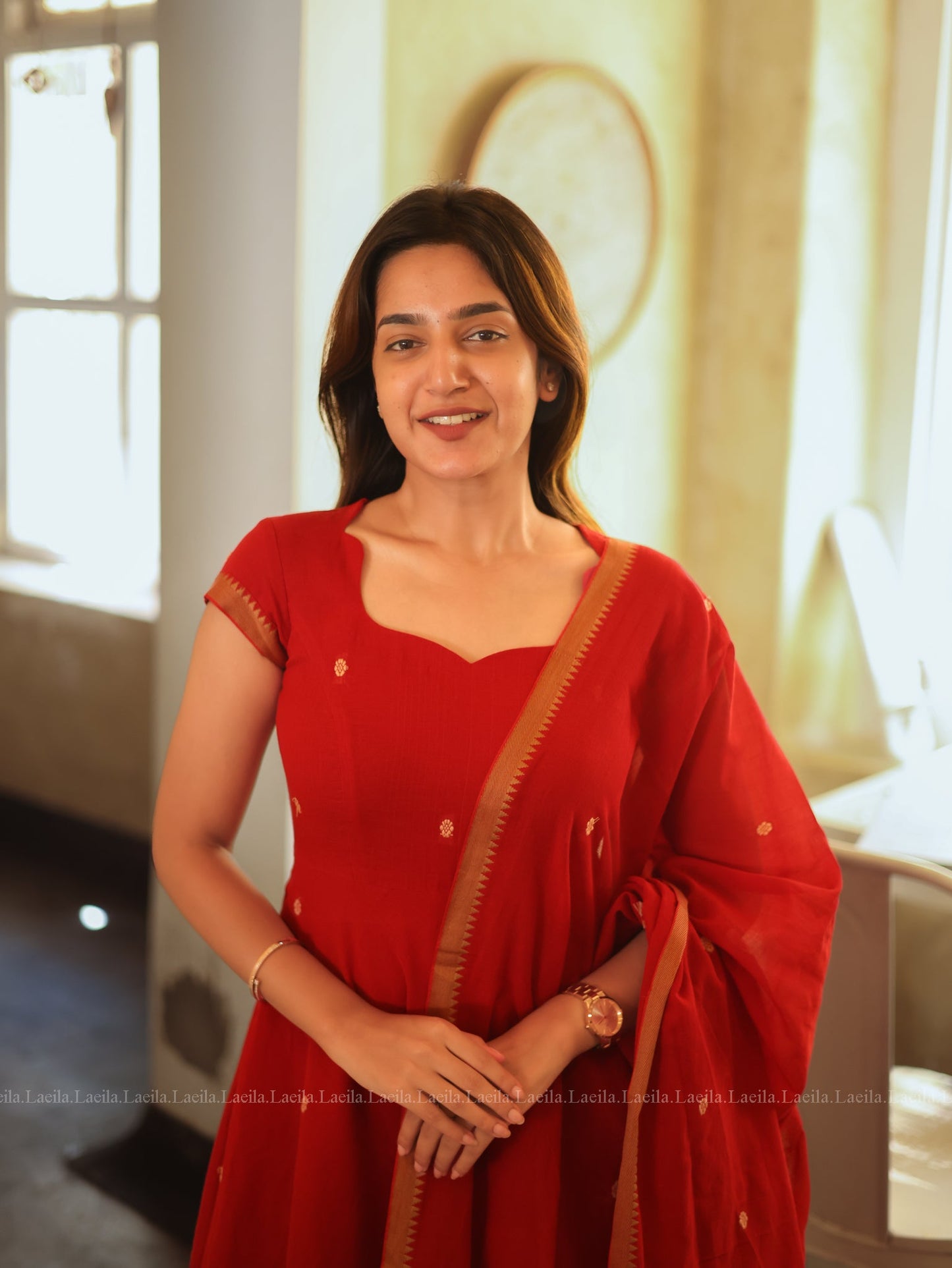 Red Malar Narayanpet Anarkali Top & Dupatta