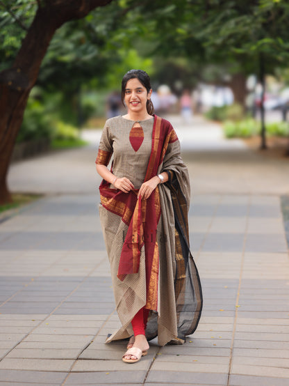 Studio Grey Checked & Maroon Border Kanchi Cotton Top & Dupatta