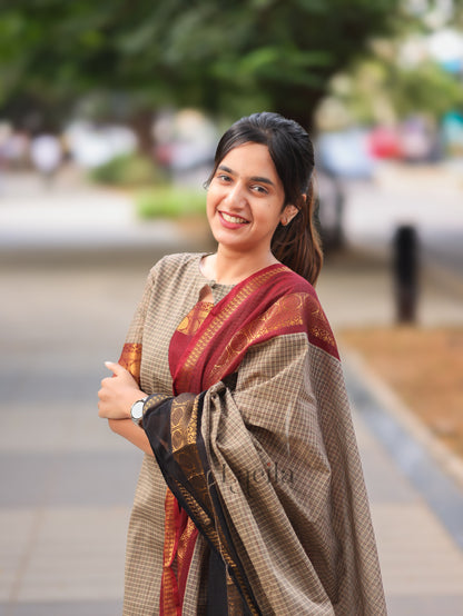 Studio Grey Checked & Maroon Border Kanchi Cotton Top & Dupatta