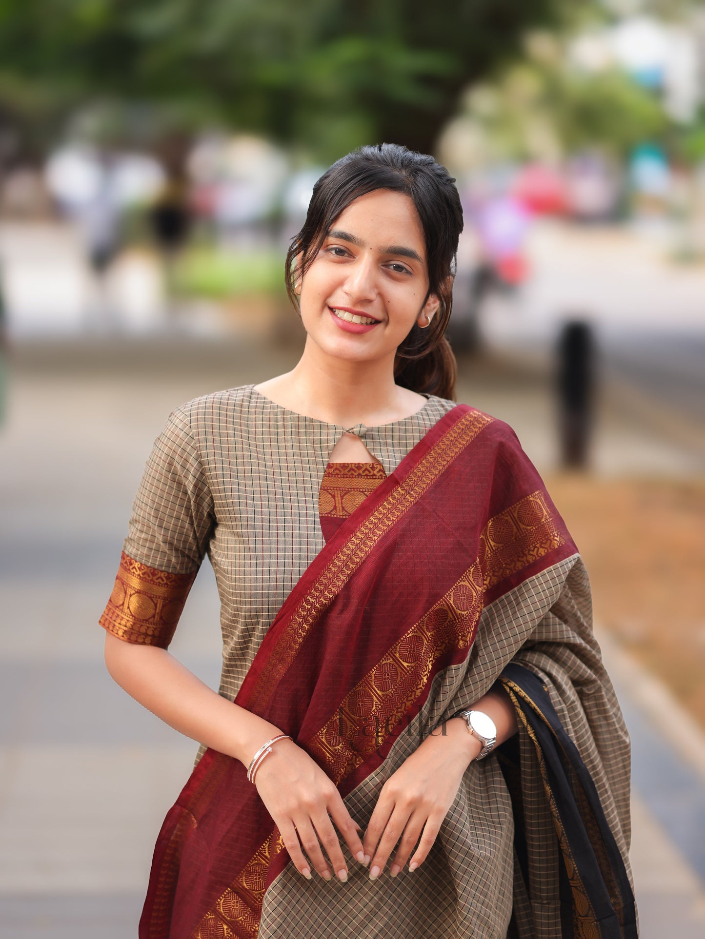 Studio Grey Checked & Maroon Border Kanchi Cotton Top & Dupatta