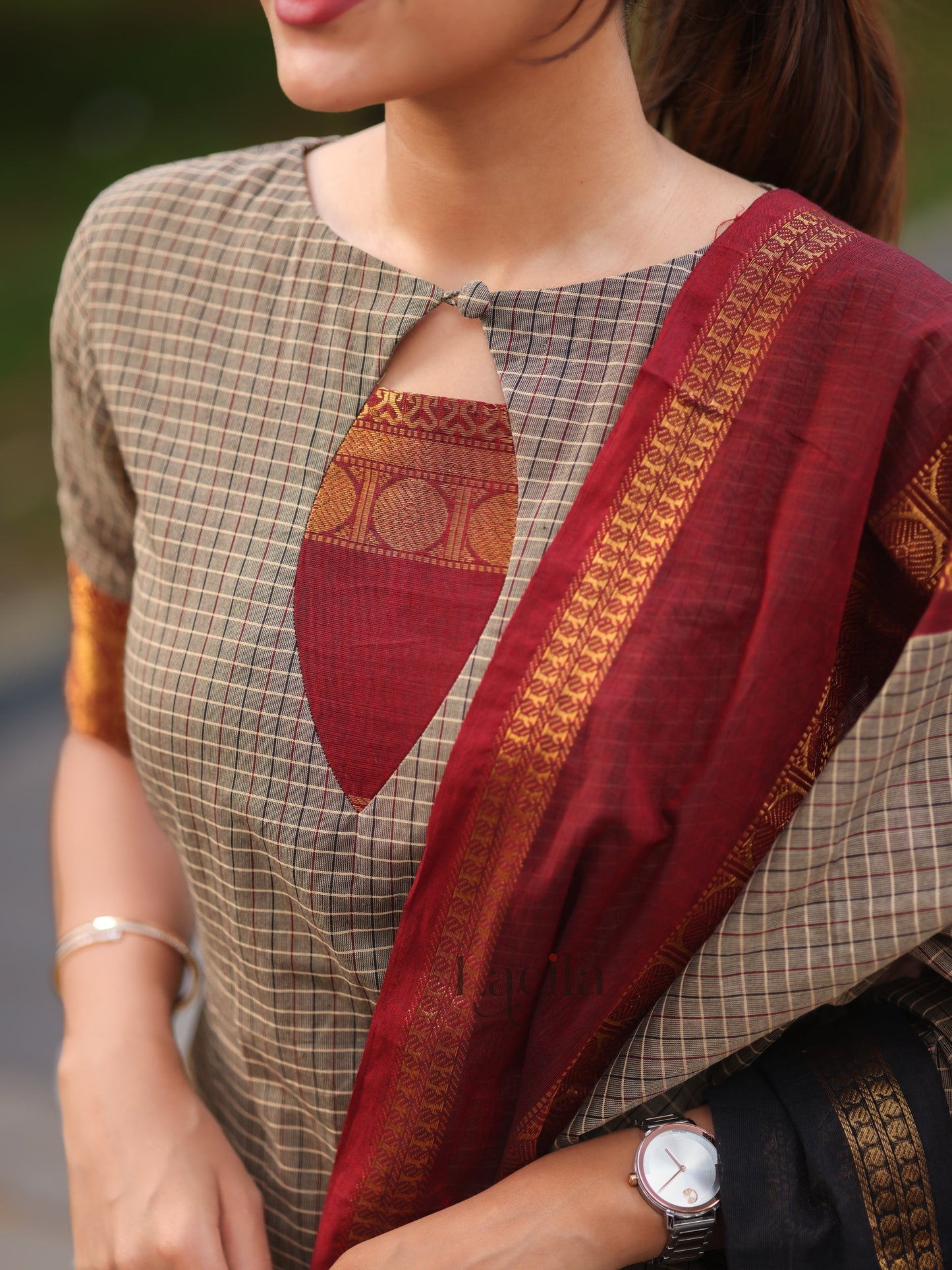 Studio Grey Checked & Maroon Border Kanchi Cotton Top & Dupatta
