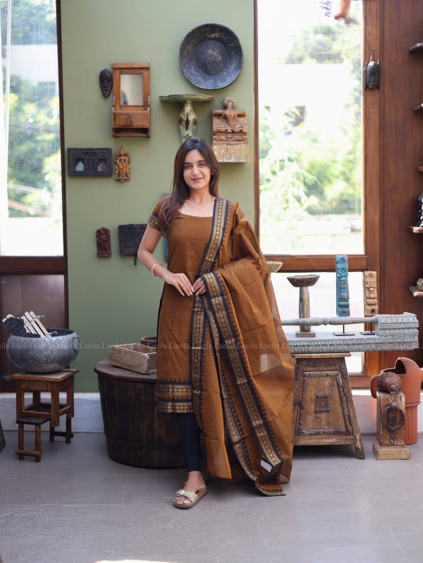 Studio Brown Checked & Black Border Kanchi Cotton Top & Dupatta