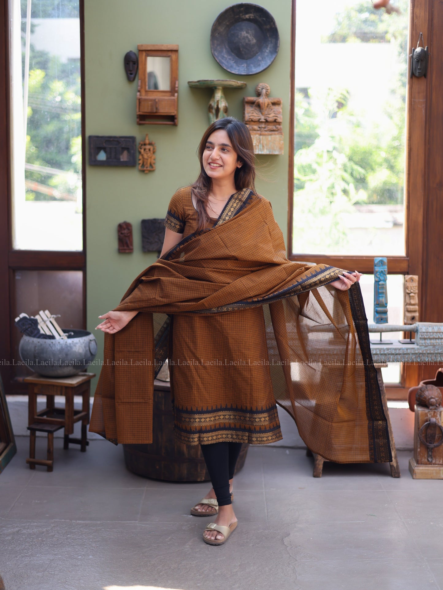Studio Brown Checked & Black Border Kanchi Cotton Top & Dupatta