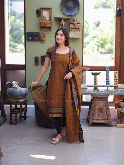Studio Brown Checked & Black Border Kanchi Cotton Top & Dupatta